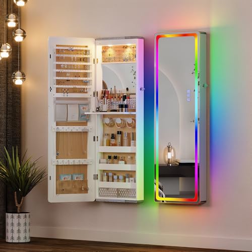Lvifur LED Mirror Jewelry Cabinet - with RGB lights,Lockable Wall/Door Mounted Full Length Mirror with Storage,Hanging Jewelry Organizer-2 Drawers,Foldable Shelf,Built-in Lighted Mirror(White) - color: White-RGB-8