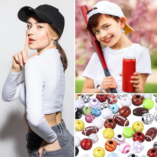 100 Pcs Sports Ball Beads Bulk with 5.5 Yard Elastic Rope,Acrylic Softball American Football Basketball Volleyball Baseball Tennis Beads for DIY Bracelet Necklace Keychain Jewelry Making Accessories - color: Mixed