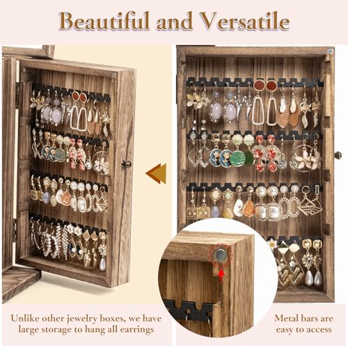 Emfogo Wooden Jewelry Box for Women, 6-Tier Large Jewelry Organizer Boxes with Mirror Rustic Solid Wood jewlery Storage Display for Rings Earrings Necklaces Bracelets watches(Carbonized Brown)