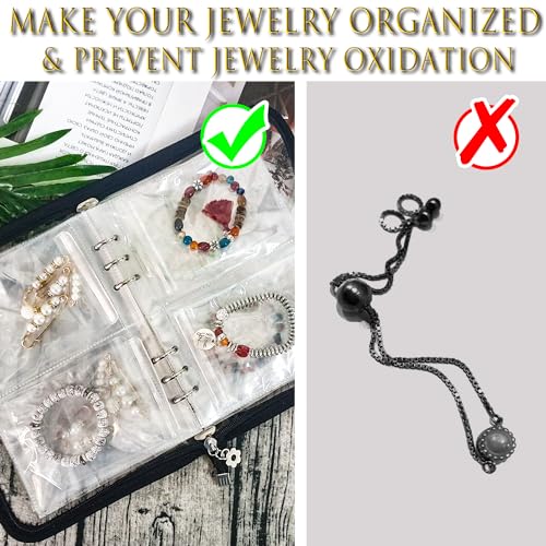 Bracelet Holder Travel Jewelry Organizer Case Transparent Jewelry Storage Book for Earring Necklace Ring with Small Clear Zippered Pouch - color: Black,48 PCS Large Bags