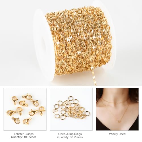 Kyutong 32.8 Feet Thin Stainless Steel Lip Chain Roll Gold Chain for Jewelry Making for Necklace Choker Bracelet DIY Jewelry Craft Supplies - color: Gold Lip