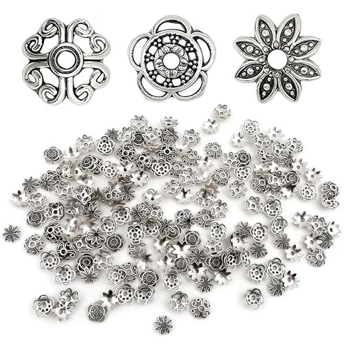 150Pcs Flower Spacer Beads Caps, Antique Silver Flower Spacer Bead Caps Bali Style, 3 Styles Vintage Ring Spacer Cap for DIY Bracelet Necklace Earrings Jewelry Making Supplies