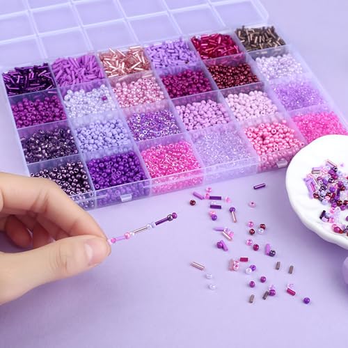 ZHIYUXI 7500Pcs Purple Glass Seed Beads Kit for Jewelry Making with Bugle Tube Bead 24 Colors Waist Embroidery Beads for DIY Bracelet Necklace Making Craft Beading Kit - color: G-Purple