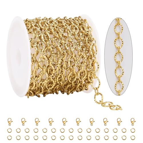 KYUNHOO 9.8 Feet Gold Plated Jewelry Making Chains Bulk on Spool Embossed Stainless Steel Chain for Crafts DIY Charm Necklace Bracelet Jewelry Supplies with Lobster Claws - color: Sunflower Gold