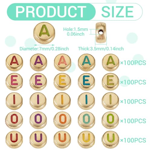 500Pcs Vowel Letter Opaque Acrylic Beads 7x3.5mm Flat Round Initial Letter Alphabet A/E/I/O/U Loose Spacer Beads for DIY Friendship Bracelet Necklace Jewelry Making - color: Golden Color