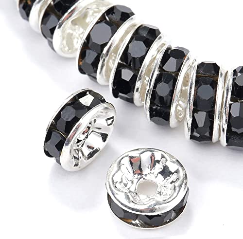 200Pcs 8mm Rondelle Spacer Beads Silver Plated Black Crystal Rhinestone for Jewelry Making Loose Beads for Bracelets - color: black, size: 8mm
