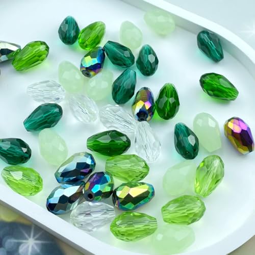 200pcs 4x6mm Teardrop Crystal Glass Beads Vertical Hole Faceted Loose Spacer Beads for DIY Craft Jewelry Making Necklace Bracelet Earring Wind Chimes(Green Series) - color: Green Series, size: 4x6mm