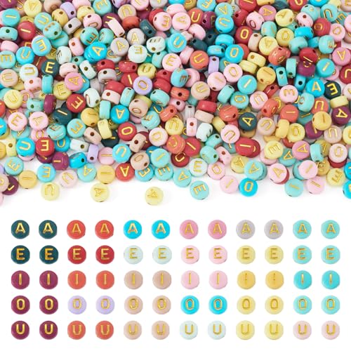 500Pcs Colorful Acrylic Beads Vowel Letter A/E/I/O/U Flat Round Capital Letter Alphabet Loose Spacer Beads for DIY Friendship Bracelet Necklace Keychain Jewelry Making 7x3.5mm - color: Colorful