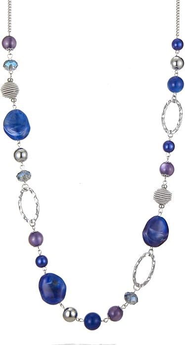 BULINLIN Beaded Long Necklace for Women Silver Sweater Chain Necklace with Crystal Resin Beads, Fashion Jewelry Necklace