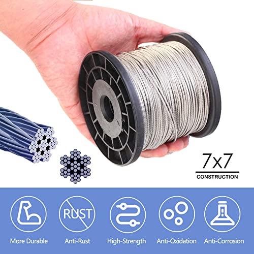 Wire Rope Crimping Tool Kit, with 1/16-304 Stainless Steel Cable 165 ft (7x7 Strand Core), 100 Cable Ferrule Aluminum Loop Sleeve Stops - color: Gray
