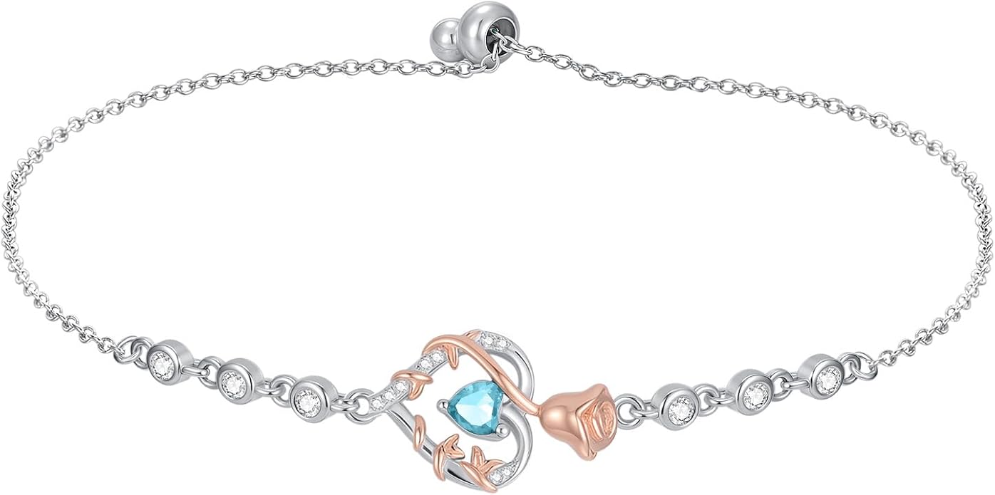 Birthstone Charm Link Bracelet 925 Sterling Silver Rose/Heart/Mom Bracelet with 12 Months Birthstone Mother's Day Gift Jewelry Gifts for Women,Chain Length 7"+2" Extend