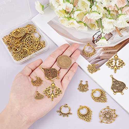 SUNNYCLUE 1 Box 10 Styles Chandelier Connector Charms Component Links Alloy Hollow Filigree Pendants Flat Round Teardrop Triangle Shape for Jewelry Making Earring Supplies,Antique Gold - color: 40pcs 10 Styles Antique Golden