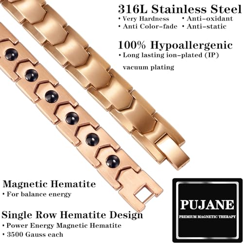 Magnetic Hematite Bracelets for Men Women 316L Stainless Steel Power Balance Energy Magnets Stones Bracelet Jewelry Gift with Adjustment Tool - color: Rose Gold