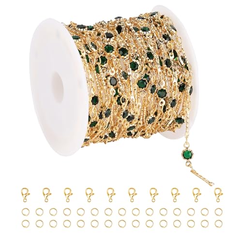 SMYHTGLIF 16.4 Feet Emeralds Glass Jewelry Making Chains Gold Plated Stick Chain DIY Chain with Lobster Clasps and Jump Rings for Jewelry Making - color: Green Gold