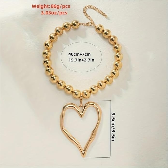 Unique Big Chunky Gold Heart Beads Necklace for Women, Charm Large Thick Hollow Love Heart Pendant Beaded Chain Choker Necklaces Party Y2K Jewelry Gift