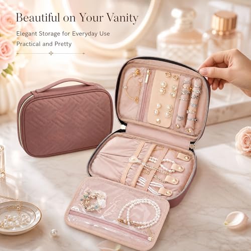 Jewelry Travel Case Organizer for Necklaces, Earrings, Rings, Bracelet, Watch, Soft Sided, Red Sandalwood - color: Rosewood Pink