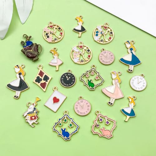 40pcs Alloy enamel dripping oil Alice set tea party scene character posture Pendant Jewelry Making DIY Keychain Earrings Pendant Various Design Charms for Jewelry Making Bracelets Necklace(HK372) - color: HK372