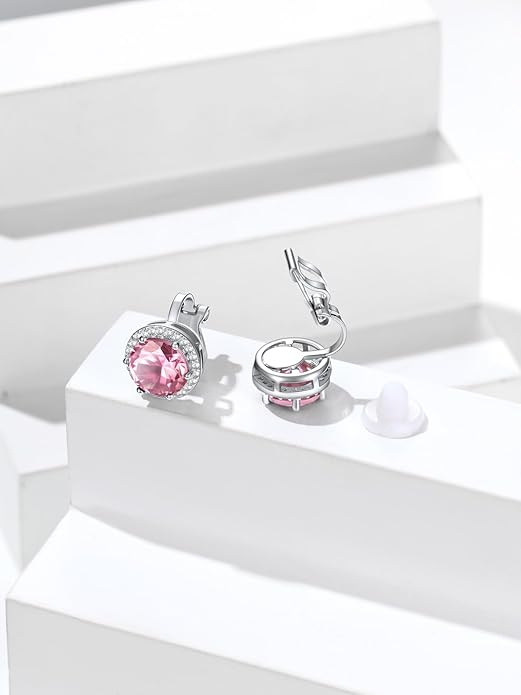 Silvora 925 Silver 8MM Cubic Zirconia Birthstone Clip On Stud Earrings Round Non Pierced Earrings For Women,Come with Box
