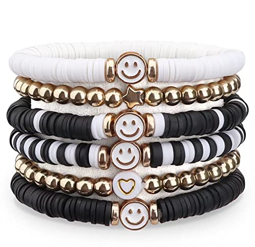 JIASHUYEYE Preppy Bracelets for Teen Girls - Stackable Boho Surfer Friendship Bracelets Set for Little Girls & Women - style: White Black