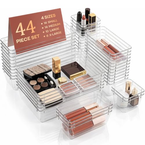 44 Pcs Makeup Drawer Organizer Set, 4 Sizes Versatile Vanity Drawer Organizer for Makeup, Non-Slip Desk Organizer Trays for Bathroom, Bedroom, Office, Fits Jewelry and Office Supplies - size: 44Pack