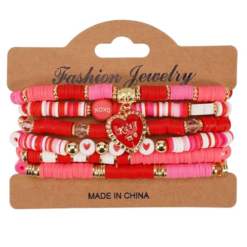 6PCS Valentine’s Day Clay Heishi Bracelet Set for Women- Red Pink Heart Love KISS XOXO Beaded Stretch Bracelets - Handmade Polymer Clay Crystal Glass Stackable Jewelry Gift for Galentine's Anniversary - color: LOVE-04