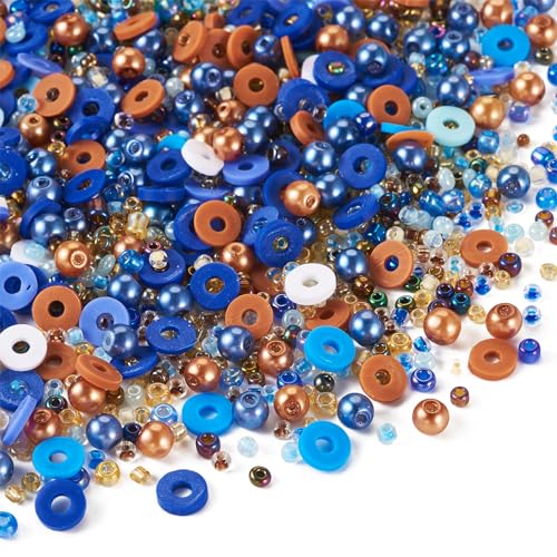 Beadthoven 6mm Clay Beads for Jewelry and Bracelet Making Pack of 2 Bags, Glass Seed Pearl Heishi Flat Round Disc Beads, Colorful Preppy Blue Brown - color: Brown Blue