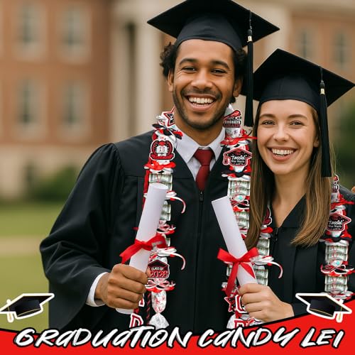 Graduation Candy Lei Making Kit Class of 2026 DIY Lei PE Bags Tubing Money Leis 2026 Graduation Ribbon Necklace Include 2 x 5 ft PE Bags 90 Pcs Flower Accessories for Grad Party Supplies (Black, Red) - color: Black, Red