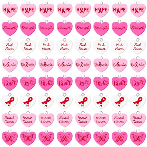 Augshy 64 Pcs Breast Cancer Awareness Charms, Pink Ribbon Resin Charm Breast Cancer Conversation Heart Charms Pink Hope Beads Pendant for DIY Crafs Bracelet Necklace Jewelry Making Accessories - style: Breast Cancer Awareness Style