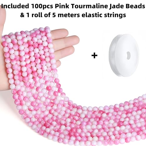 QINJIEJIE 100pcs Pink Tourmaline Jade Natural Stone Beads 8mm Round Loose Gemstone for Bracelet Necklace Earrings Jewelry Making - Polished Pink Crystal DIY - color: D-Pink Tourmaline Jade, size: 100PCS