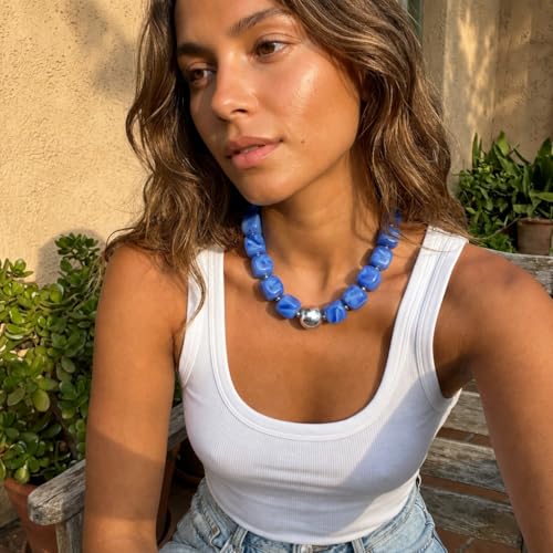Mchic Colorful Beaded Choker Necklace for Women: Boho Large Square Acrylic Beaded Necklace Stainless Steel Adjustable Surfer Beach Strand Necklaces Summer Handmade Jewelry Gift for Women - color: Blue-Silver