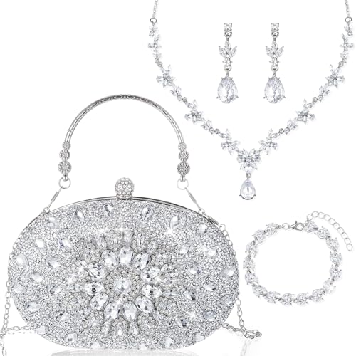 Quelay 4 Pcs Purse Rhinestone Jewelry Set Evening Clutch Bag Bling Crystal Necklace Dangle Earrings Bracelets Accessories - color: Silver, size: Stylish Style