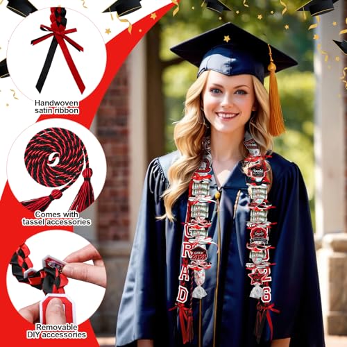 Graduation Candy Lei Making Kit Class of 2026 DIY Lei PE Bags Tubing Money Leis 2026 Graduation Ribbon Necklace Include 2 x 5 ft PE Bags 90 Pcs Flower Accessories for Grad Party Supplies (Black, Red) - color: Black, Red