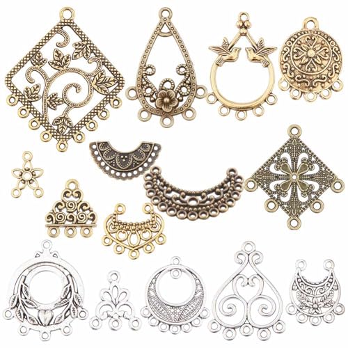 SUNNYCLUE 1 Box 60Pcs 15 Style Tibetan Chandelier Charms Alloy Chandelier Components Links Filigree Flower Linking Charms Teardrop Connector Round Charm for Jewelry Making Charms DIY Supplies Adult - color: 60pcs 15 Style Mixed Color