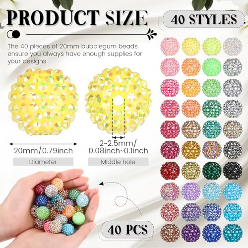 40 Pcs 20 mm Rhinestone Beads Bulk Crystal Round Disco Ball Chunky Bubblegum Beads for Pens Bracelets Charms Craft European Style Jewelry Making Supplies Christmas(40 Colors) - color: 40 Colors