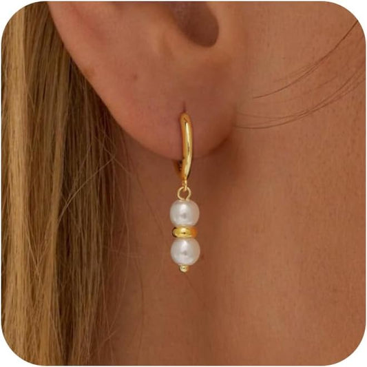Gold Pearl Dangle Earrings for Women, 14K Gold Plated Small Pearl Drop Huggie Hoop Earrings, Hypoallergenic Dainty Gold Earrings Wedding Jewelry Gifts for Women Trendy