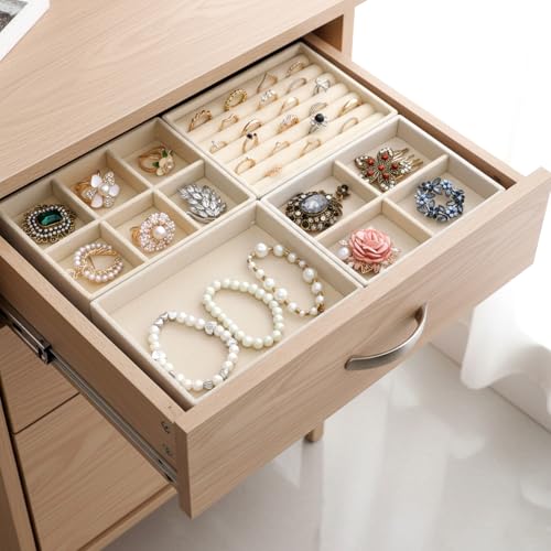 Kifmurase 8Pcs Mini Velvet Jewelry Drawer Organizer Trays, Stackable Jewelry Storage Inserts Set, Small Drawer Inserts Display Case for Earrings, Rings, Necklaces, Bracelets
