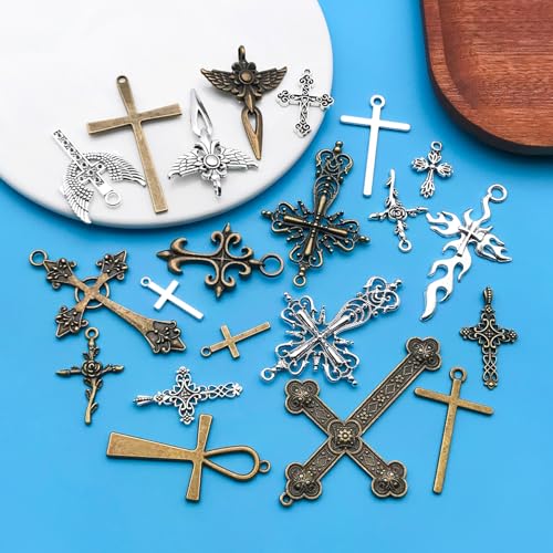 Youdiyla 21pcs Alloy Ancient Silvery Ancient Cyan Cross Series Pendant Jewelry Making DIY Keychain Earrings Pendant Various Design Charms for Jewelry Making Bracelets Necklace (M23) - color: M23