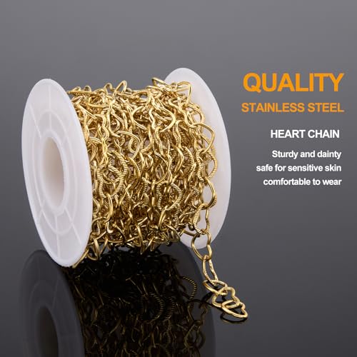 KYUNHOO 13 Feet Gold Plated Jewelry Making Chains Bulk on Spool Hollow Heart Links Chain for Crafting Stainless Steel Necklace Bracelet Making Supplies with Lobster Clasps Jump Rings - color: Heart Gold