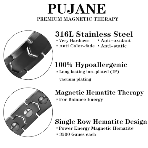 Magnetic Hematite Bracelets for Men Women 316L Stainless Steel Power Balance Energy Magnets Stones Bracelet Jewelry Gift with Adjustment Tool - color: Black