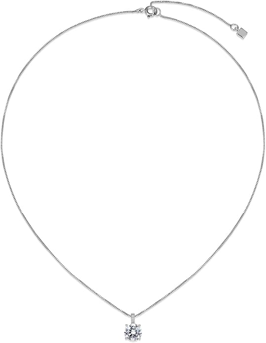 MISS MIMI Solitaire Cubic Zirconia Necklace for Women, 1–3 CT Round,Heart,Princess Cut CZ Options, Bezel or Prong Set in 925 Sterling Silver, Adjustable 16–20" Minimalist Everyday Jewelry