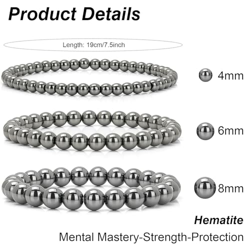 3Pcs Natural Healing Crystal Bracelets for Women Men, 4mm 6mm 8mm Beaded Stretch Bracelet Set, Black Tourmaline Natural Stone Gemstone Jewelry Gifts for Meditation, Reiki & Yoga - color: Hematite