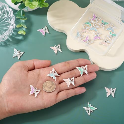 FASHEWELRY 20Pcs Alloy Crystal Rhinestone Butterfly Charms Gradient Color Enamel Butterfly Charms Platinum Plated Fairy Pendants for Earring Jewelry Making Necklace Bracelet Craft - color: Butterfly-Platinum Plated