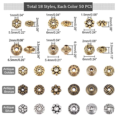 PH PandaHall 900pcs Metal Spacer Beads, 6 Style Tibetan Gear Bicone Flower Beads Alloy Jewelry Loose Beads for Bracelet Necklace Earring Jewelry Making(Antique Silver, Antique Bronze and Golden)