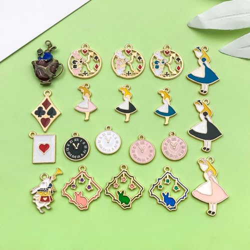 40pcs Alloy enamel dripping oil Alice set tea party scene character posture Pendant Jewelry Making DIY Keychain Earrings Pendant Various Design Charms for Jewelry Making Bracelets Necklace(HK372) - color: HK372