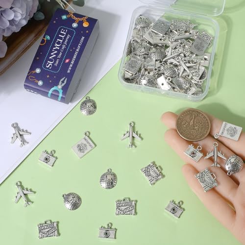 SUNNYCLUE 1 Box 80Pcs 5 Styles Alloy Travel Charms Passport Charms Bulk Tibetan Silver Retro Metal Airplane Camera Map Suitcase Pendants for Jewelry Making Supplies DIY Necklace Bracelet Earring