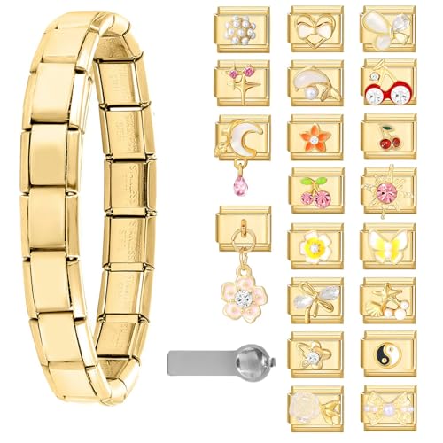 Italian Charms Bracelet Sets with 1Pcs Starter Brascelet 9Pcs Charms 9mm Italian Modular Charm Bracelet DIY Module Jewelry Gifts - color: A-Starter Bracelet Set-20Pcs Gold 2