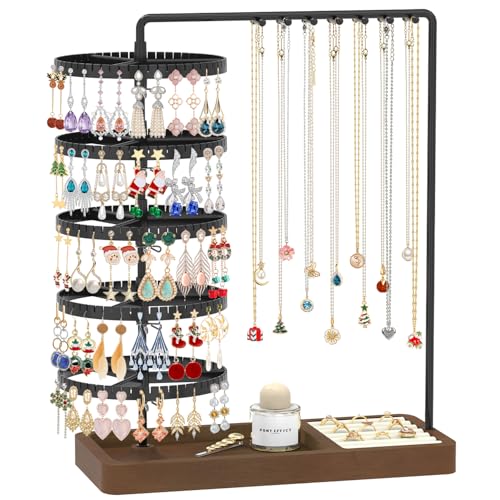 MODOWEY Earring Holder Organizer Jewelry Stand, 285 U-Slots Adjustable Rotating Earring Tree Rack, 14 Hooks Tall Necklace Display for Women, 5 Tier Compact Large Capacity Tower with Ring Tray, Black - color: Black-Brown