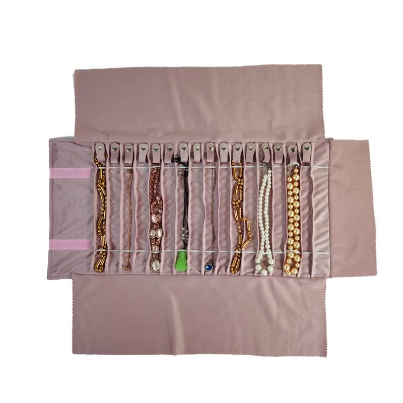 Portable Jewelry Roll Untangled Secure Necklace Travel Storage Bag Displays Holder 16 Chain (Embroidery Pink Velvet) - color: Embroidery Pink Velvet