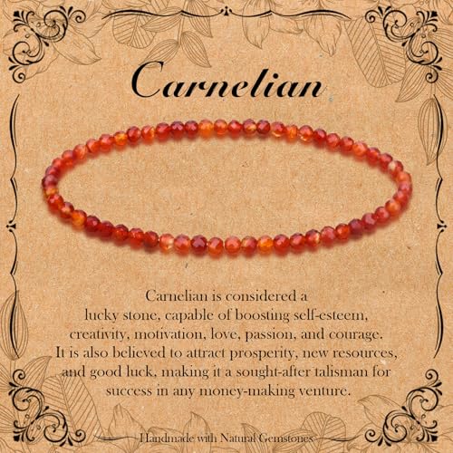 BONNY BOXX Natural Genuine Gemstone Faceted Round Beads Bracelets, 3mm Adjustable Stretchy Tiny Faceted Black Tourmaline Bracelet, Healing Crystal Reiki Chakra Dainty Jewelry Fashion Gifts - color: Carnelian