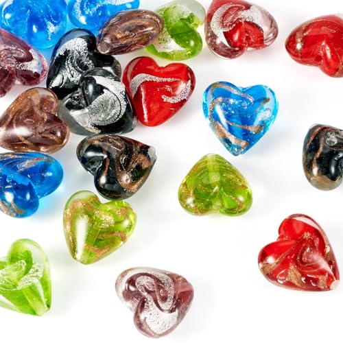 Heart Lampwork Glass Beads Handmade Silver Foil Sweet Love Bead Craftdady 20Pcs Colorful Handcraft Heart Shaped Loose Spacer Bead Mixed Colors 20x21mm for DIY Bracelet Necklace Earring Jewelry Making - color: 10 Color Silver Foil
